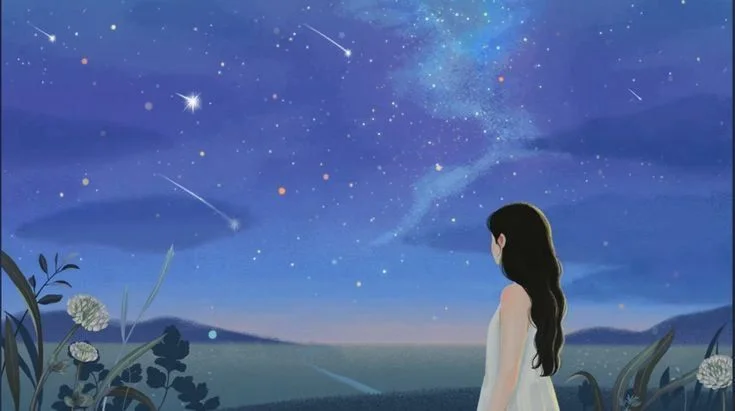 Cô gái ngắm bầu trời sao lấp lánh trên đồi núi, phong cách anime tím xanh - hình nền máy tính chill
