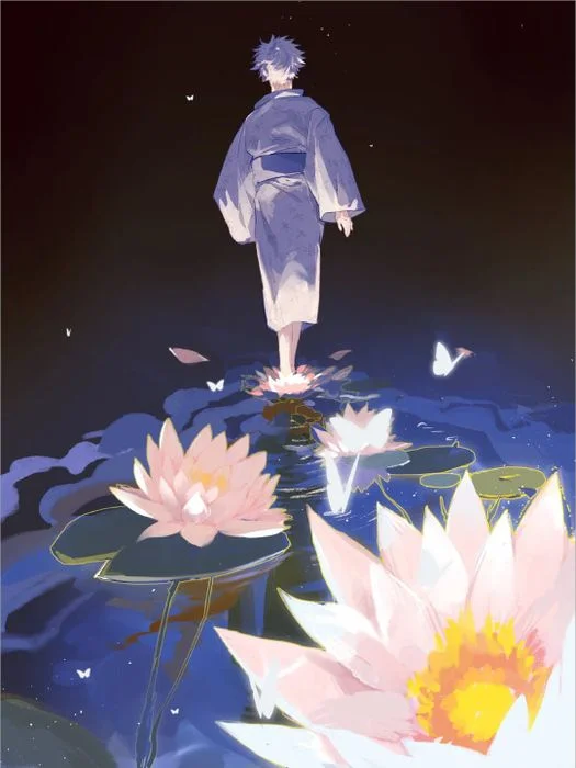 Ảnh Gojo Satoru mặc kimono đứng trên hoa sen phát sáng trong đêm