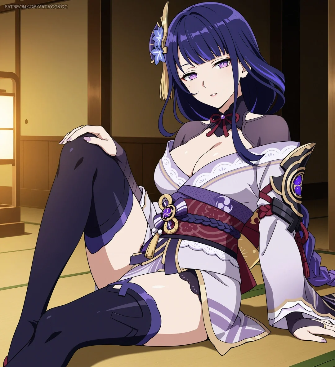 Minh họa anime nhân vật Raiden Shogun mặc kimono trong phòng Nhật Bản - hentai raiden shogun