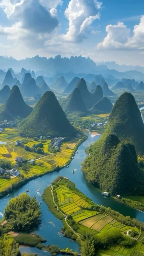 Dòng sông uốn lượn qua thung lũng núi đá xanh