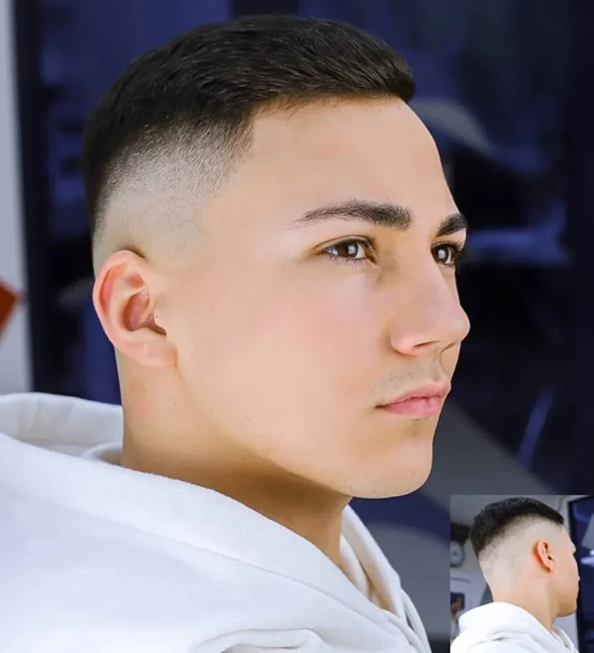 Chàng trai để kiểu tóc lính thủy đánh bộ buzz cut fade thấp gọn gàng