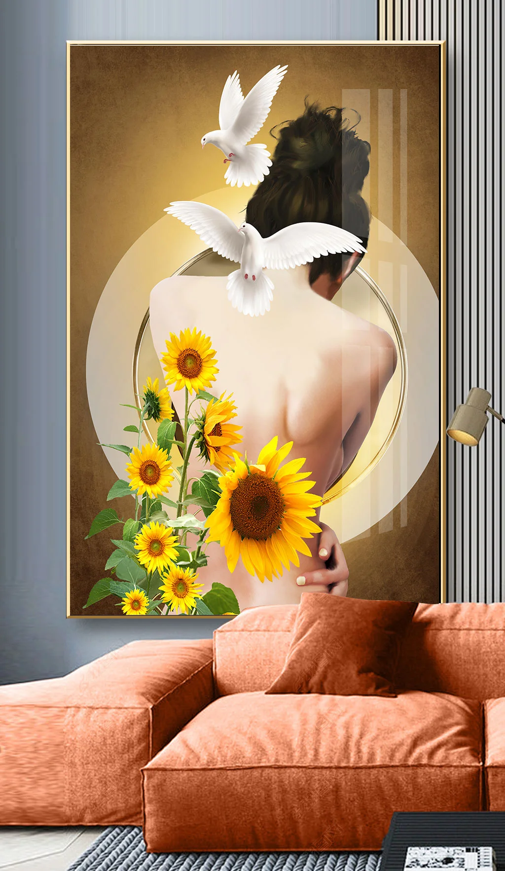 tranh cô gái và hoa hướng dương tráng gương
