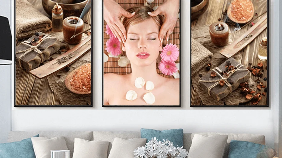 Bộ 3 Tranh Tráng Gương Cao Cấp Cô Gái Làm Đẹp Trang Trí Spa Hiện Đại - Thiết kế thi công trọn gói - Oha Decor
