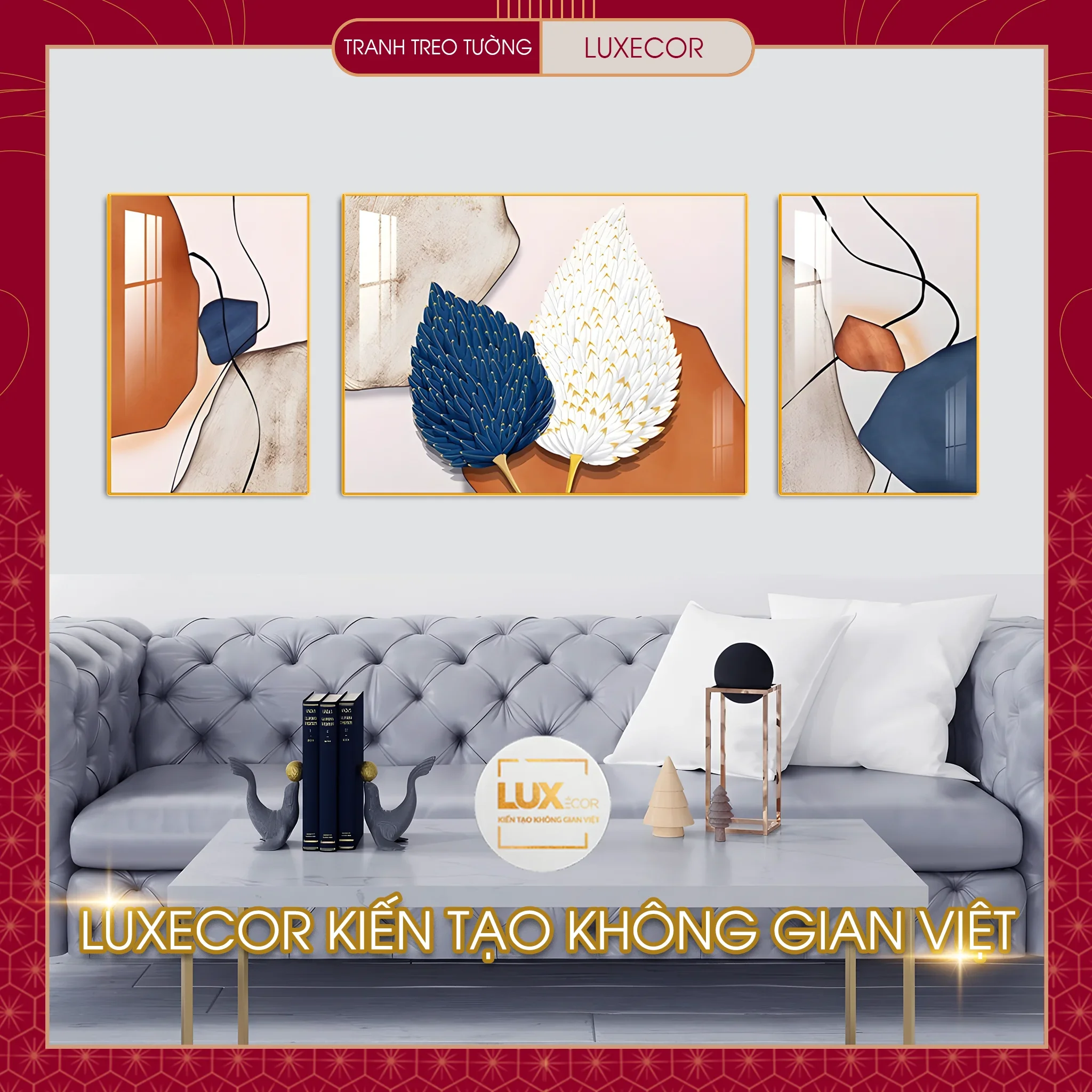 Tranh Tráng Gương Bộ 3 Bức Ghép Mẫu Lá Hiện Đại Phong Cách Bắc Âu