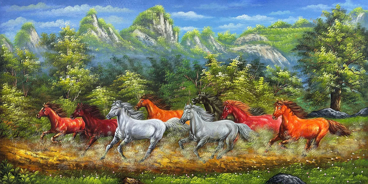Tranh mã đáo thành công 8 con ngựa sơn dầu phong cảnh núi non