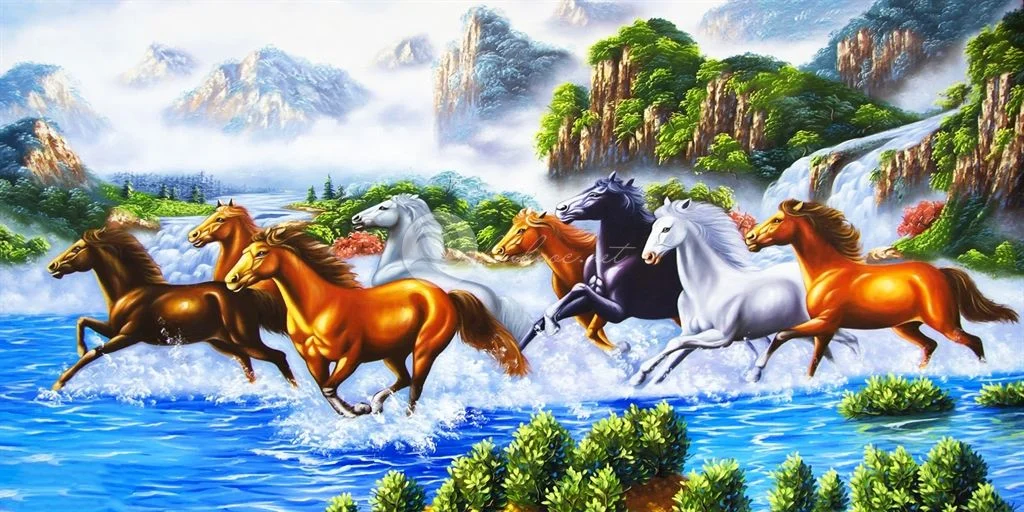 Tranh mã đáo thành công 8 con ngựa gallop qua suối núi non hữu tình
