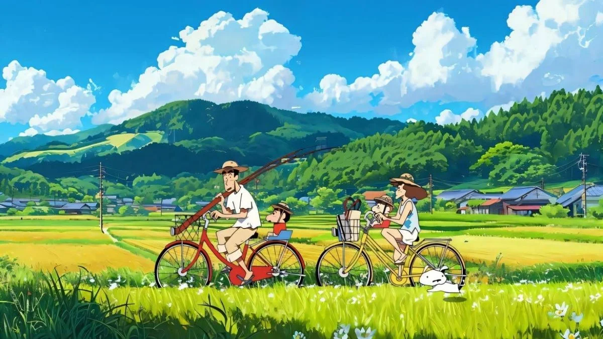 Hình nền laptop Ghibli đạp xe qua đồng lúa