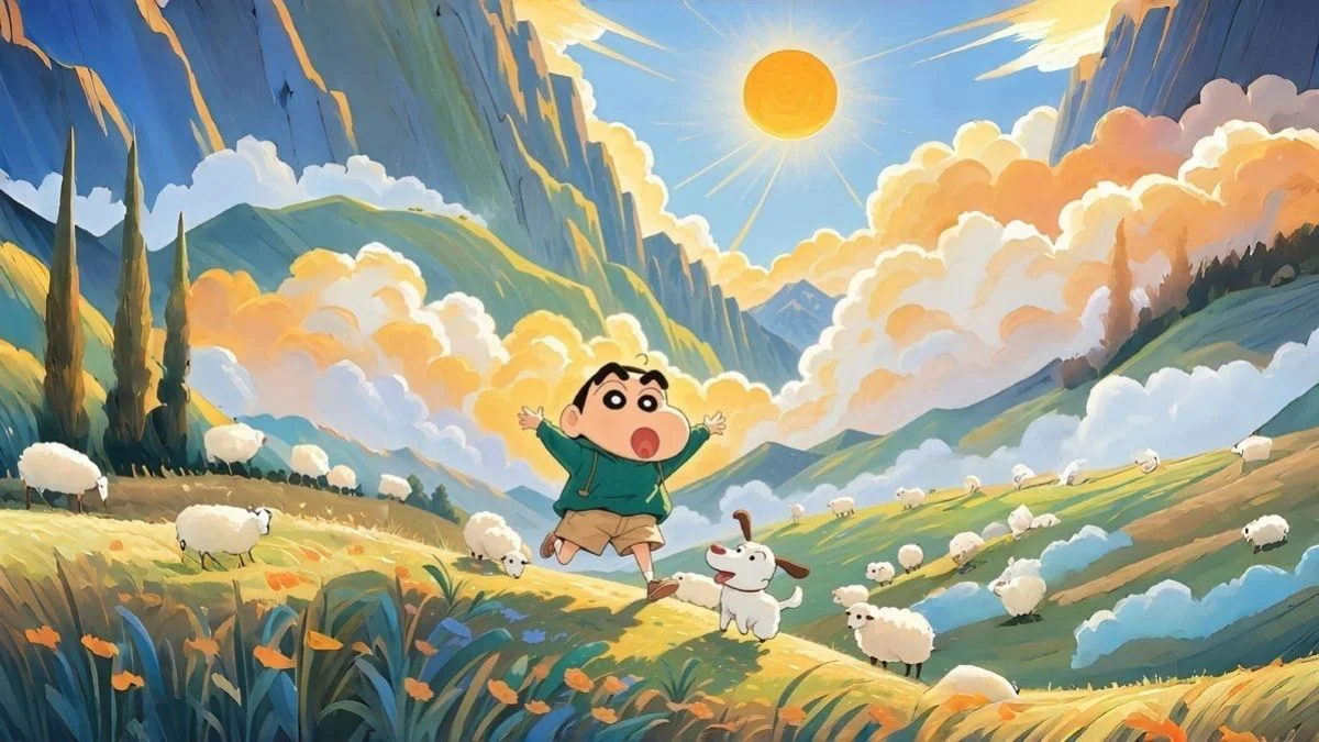 Hình nền laptop anime Shin-chan giữa đồng cỏ