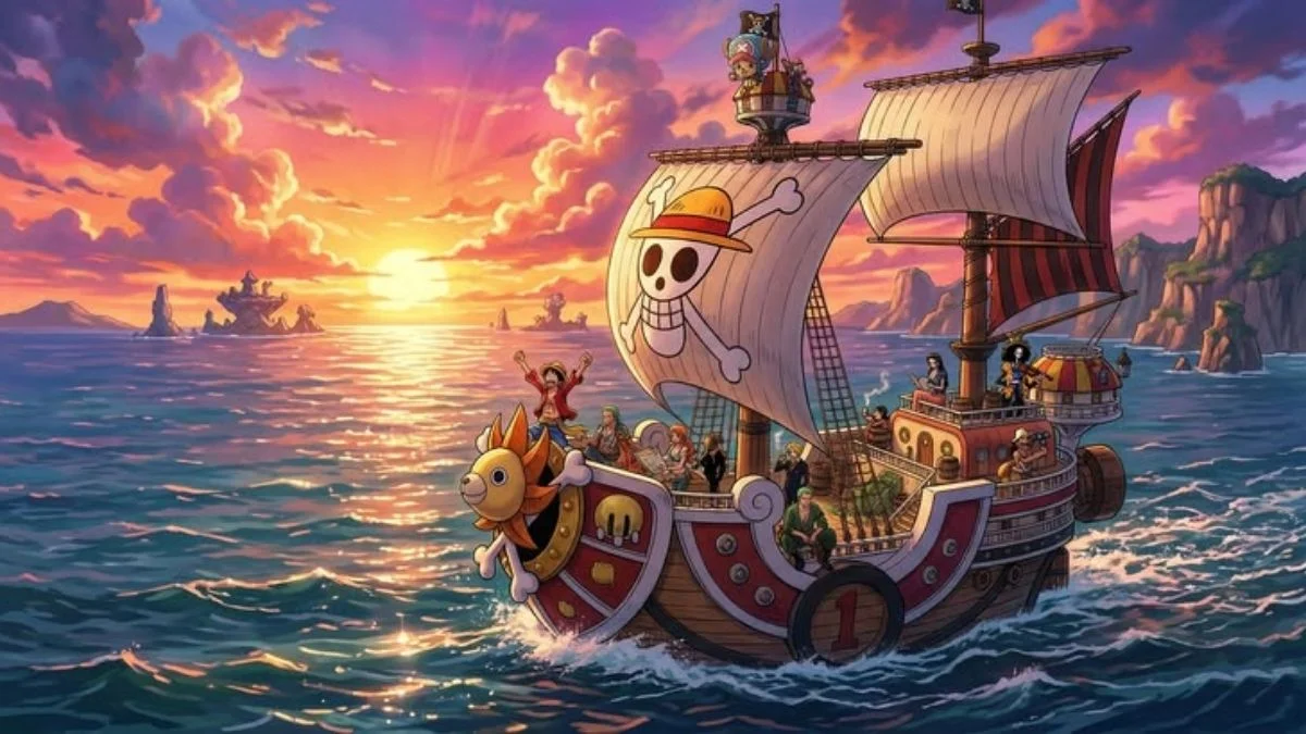 Hình nền laptop anime tàu hải tặc One Piece hoàng hôn