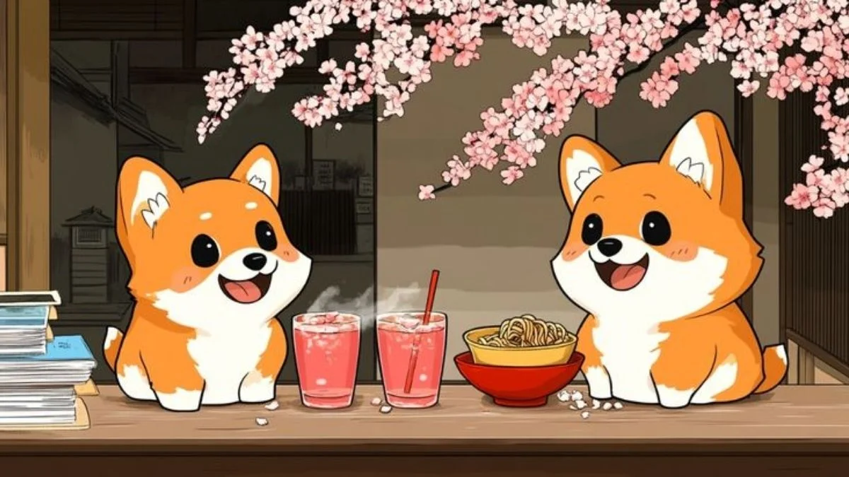 hình nền laptop Corgi ăn mì ramen dưới hoa anh đào