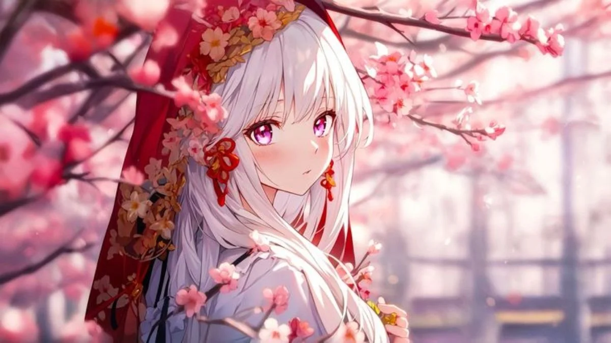 hình nền laptop anime cô gái tóc trắng bên hoa anh đào