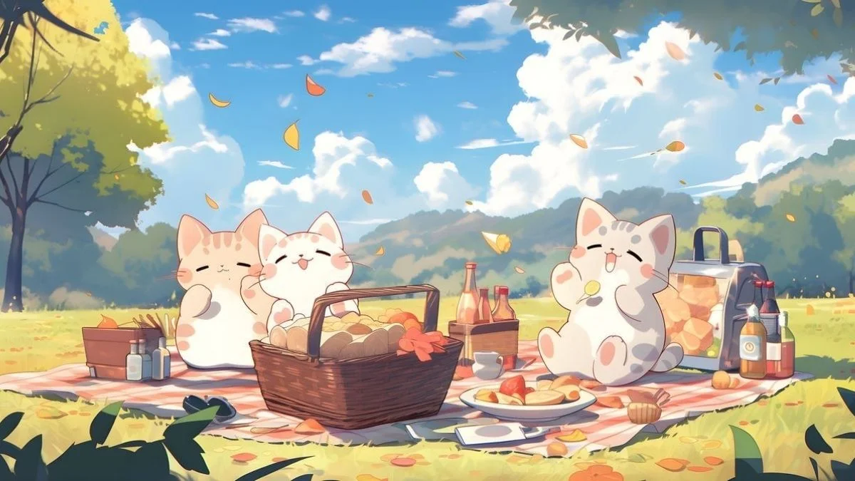 hình nền laptop hoạt hình mèo đi picnic ngoài trời
