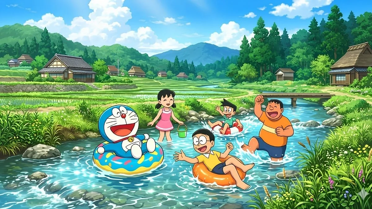 Hình nền laptop anime Doraemon chơi bên suối