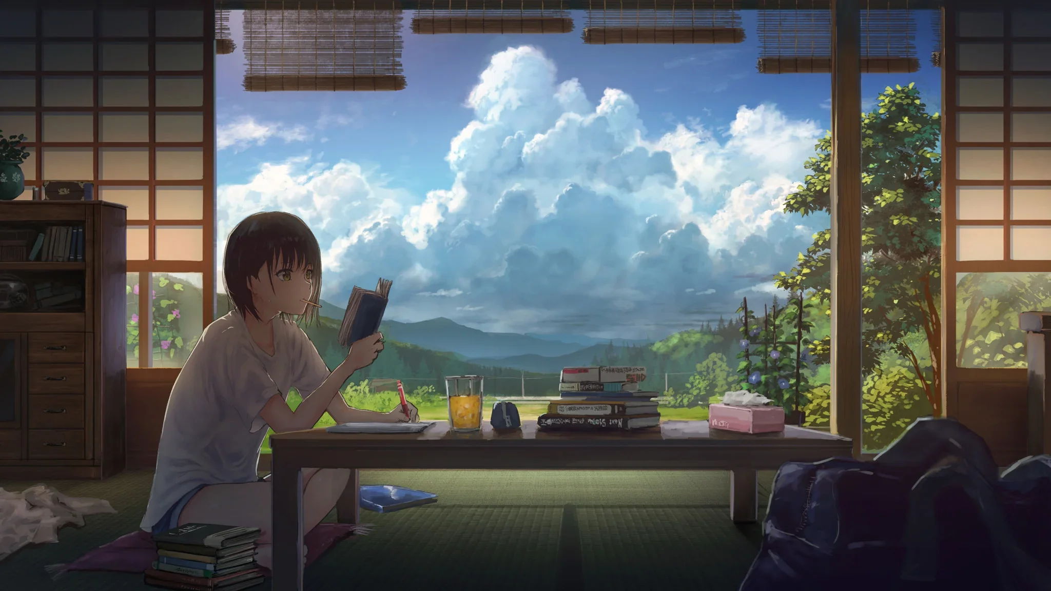 Hình nền laptop anime cô gái ngồi trong phòng truyền thống