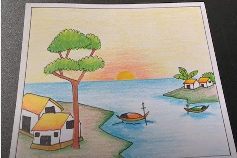 tranh phong cảnh đơn giản bờ biển lúc bình minh