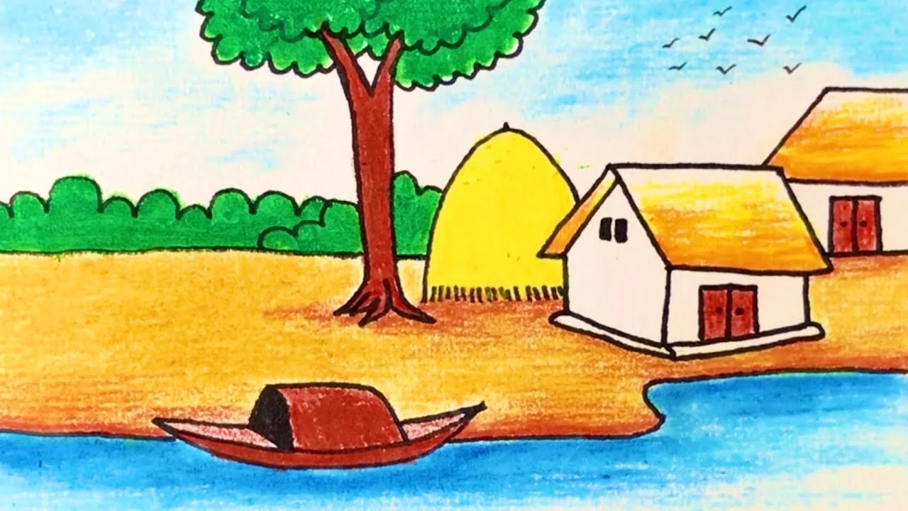 tranh phong cảnh đơn giản ngôi nhà bên sông