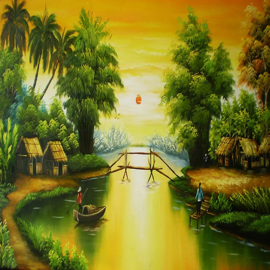 tranh phong cảnh đơn giản vùng quê sông nước