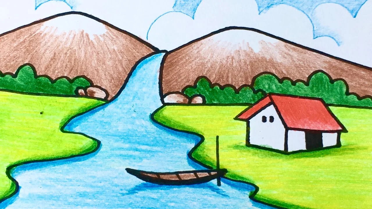 tranh phong cảnh đơn giản núi sông và nhà nhỏ