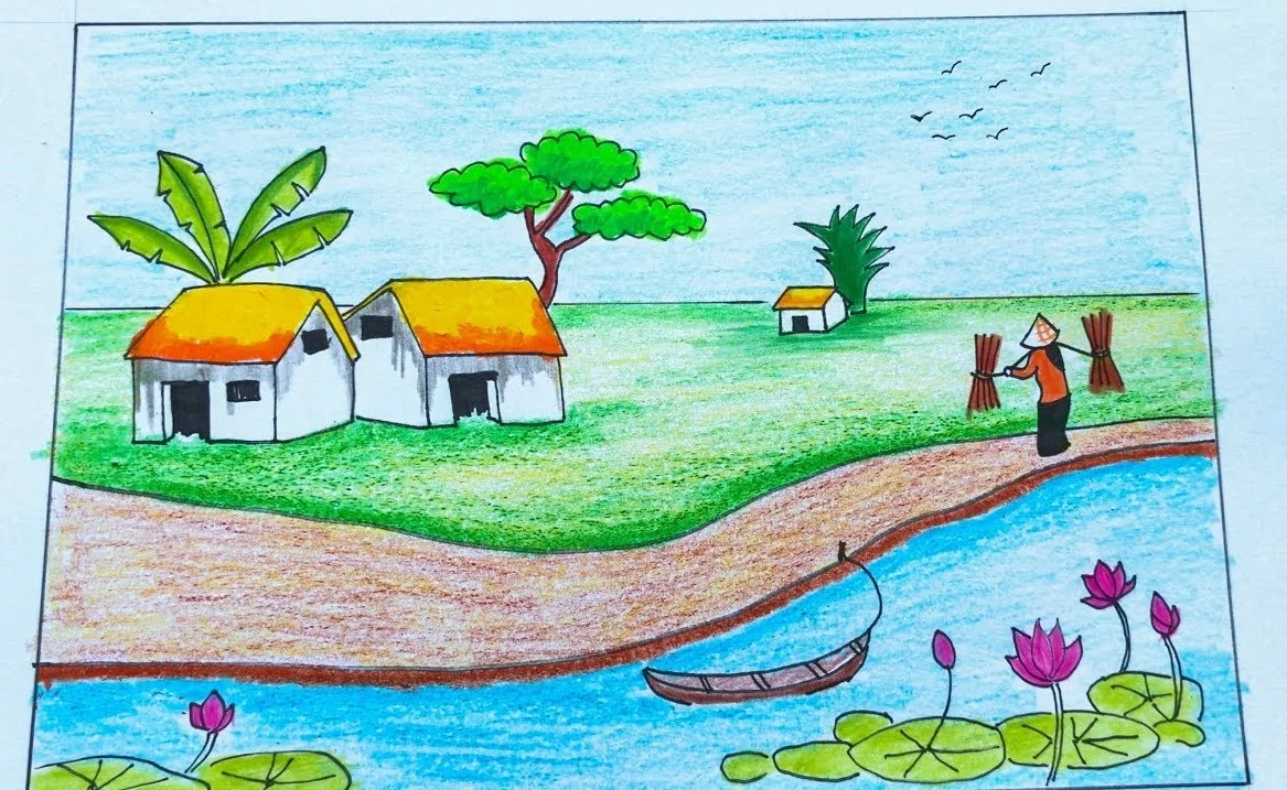 tranh phong cảnh đơn giản làng quê bên sông