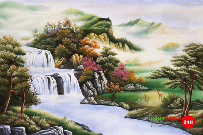 Tranh phong thủy sơn thủy hữu tình với hình ảnh thác nước và hươu tuyệt đẹp