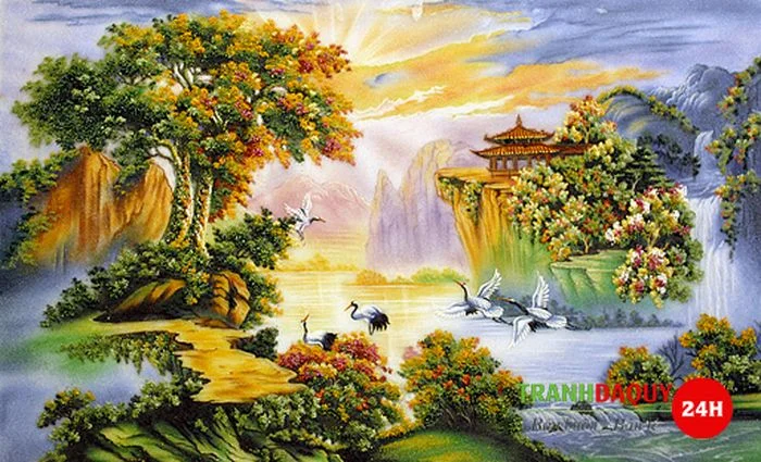 Tranh phong thủy phong cảnh sơn thủy hữu tình với chim hạc và núi non hùng vĩ