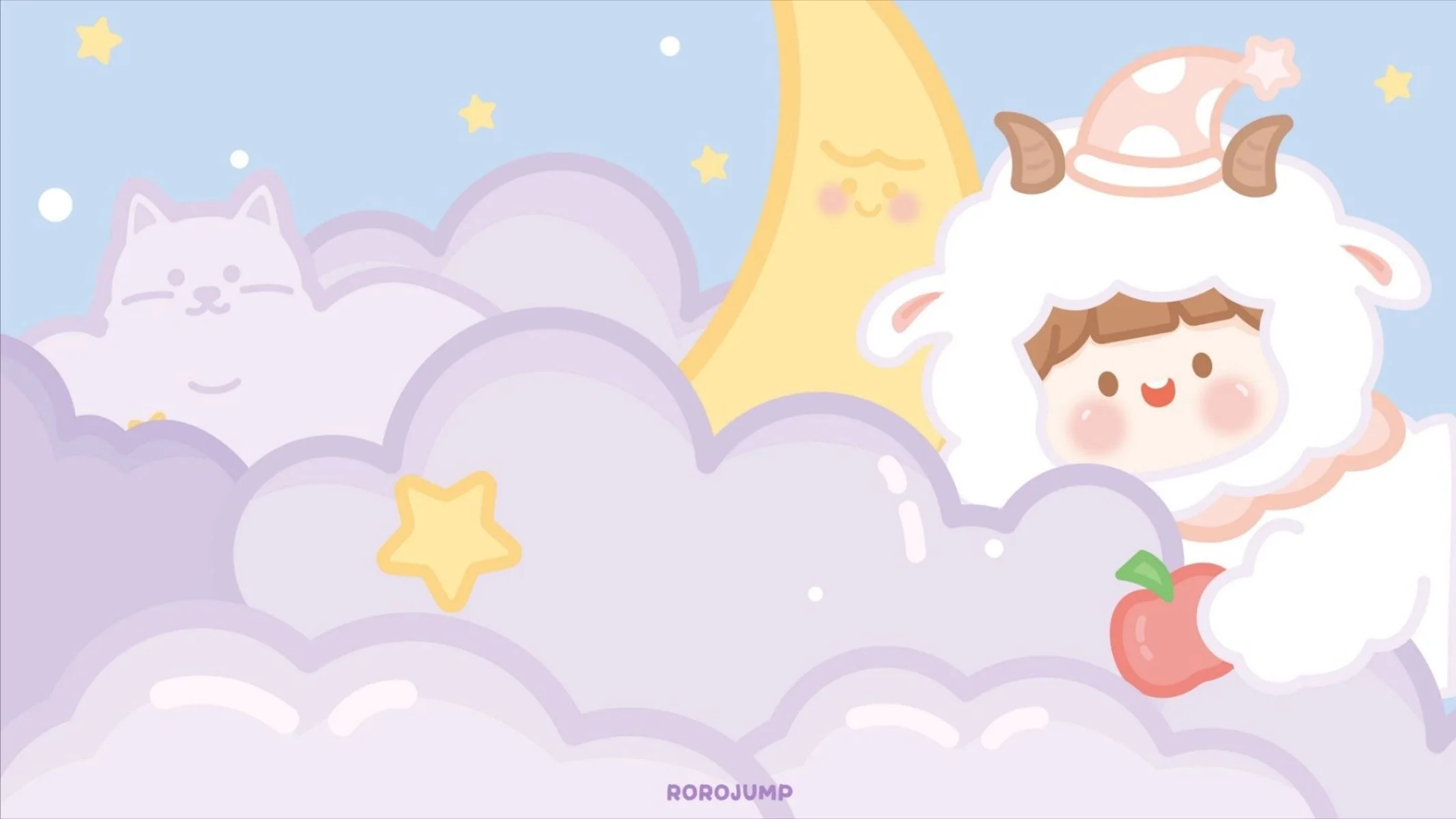 Hình nền cute với chú cừu nhỏ trên bầu trời đầy sao, thích hợp làm hình nền máy tính hoặc điện thoại