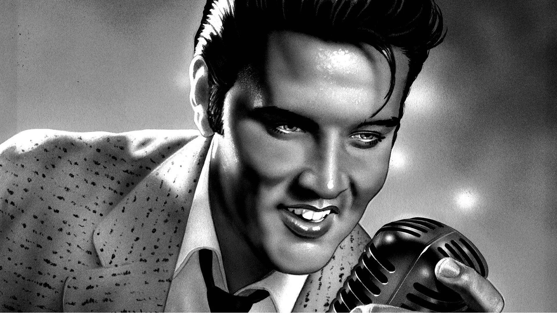 Ảnh đen trắng Elvis Presley hát cùng micro