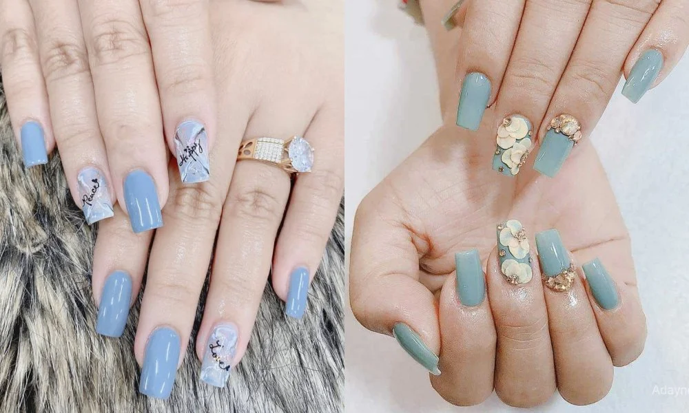 Mẫu nail xanh pastel dáng vuông với họa tiết hoa, charm và đính đá