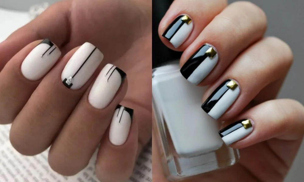 Mẫu nail đẹp trắng đen họa tiết hình học phối viền ánh kim
