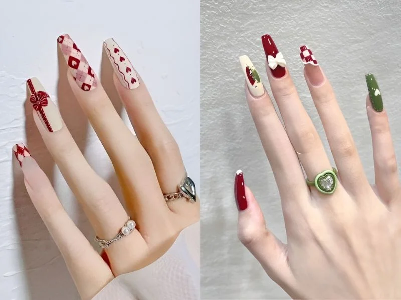 Mẫu nail đẹp trắng đỏ với họa tiết trái tim và hoa nổi bật