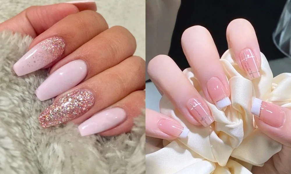 Mẫu nail đẹp hồng pastel đính kim tuyến lấp lánh