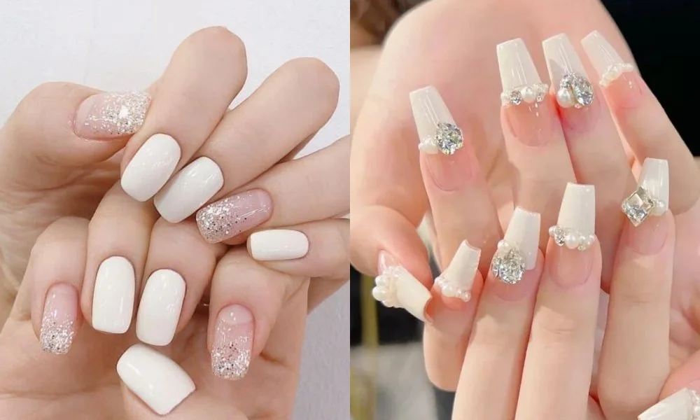 Mẫu nail trắng hồng dáng vuông với đầu móng kiểu Pháp và đính đá
