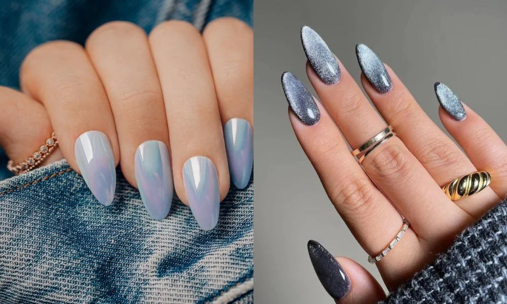 Mẫu nail đẹp màu xanh pastel và xanh ánh bạc với dáng móng hạnh nhân