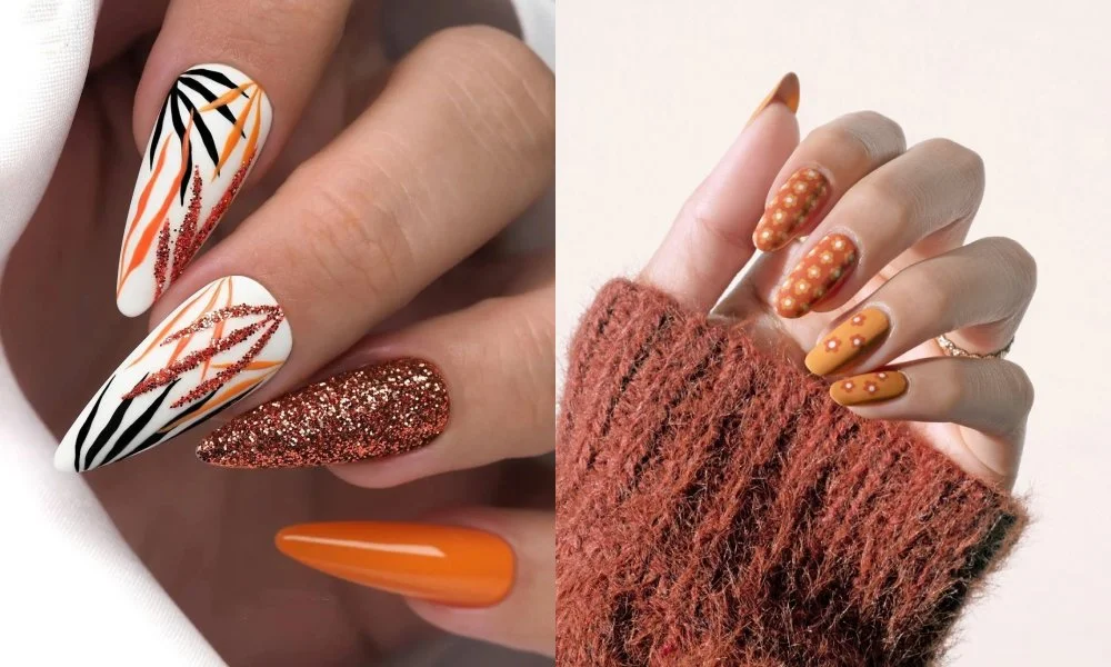 Mẫu nail đẹp nghệ thuật với họa tiết vân màu cam, trắng, nâu và nhũ đồng