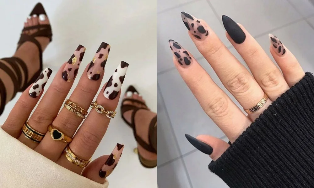Mẫu nail đẹp họa tiết da báo màu nâu đen trên nền nude và đen