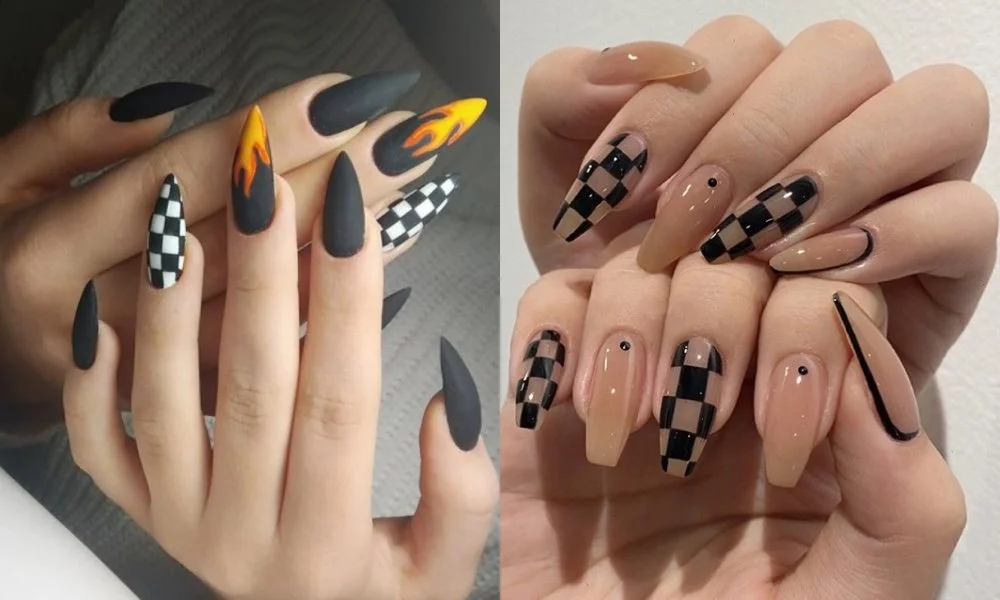Mẫu nail đẹp màu đen và cam với họa tiết ngọn lửa và caro trắng đen