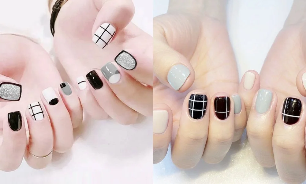 Mẫu nail đẹp nhiều màu gồm đen, trắng, xám và nude với họa tiết caro
