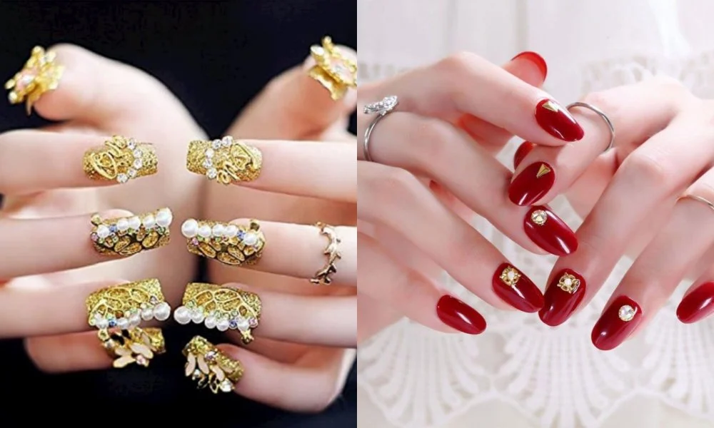 Mẫu nail đẹp đỏ đính trang trí vàng cầu kỳ và sang trọng