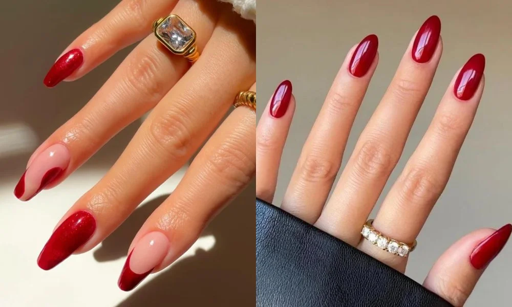 Mẫu nail đẹp đỏ cherry dáng nhọn đính đá lấp lánh