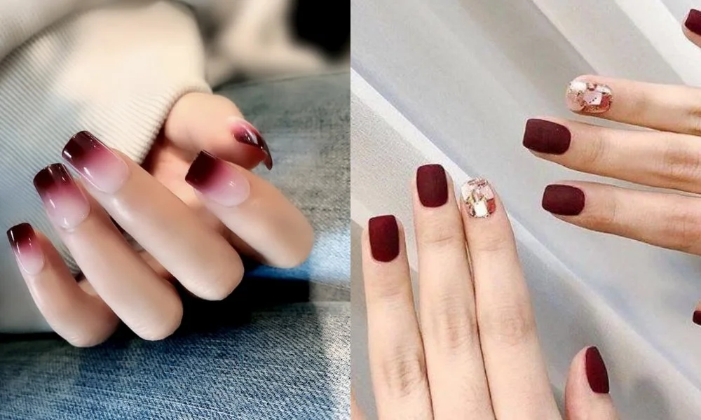 Mẫu nail màu đỏ rượu vang dáng vuông ngắn với móng nhấn trang trí