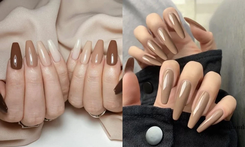 Mẫu nail đẹp dáng hạnh nhân tông nude và nâu bóng