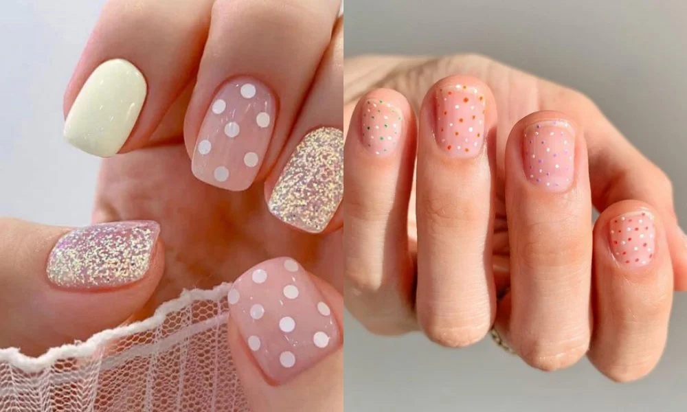 Mẫu nail hồng đào với họa tiết chấm bi, hoa nhỏ và nhũ lấp lánh