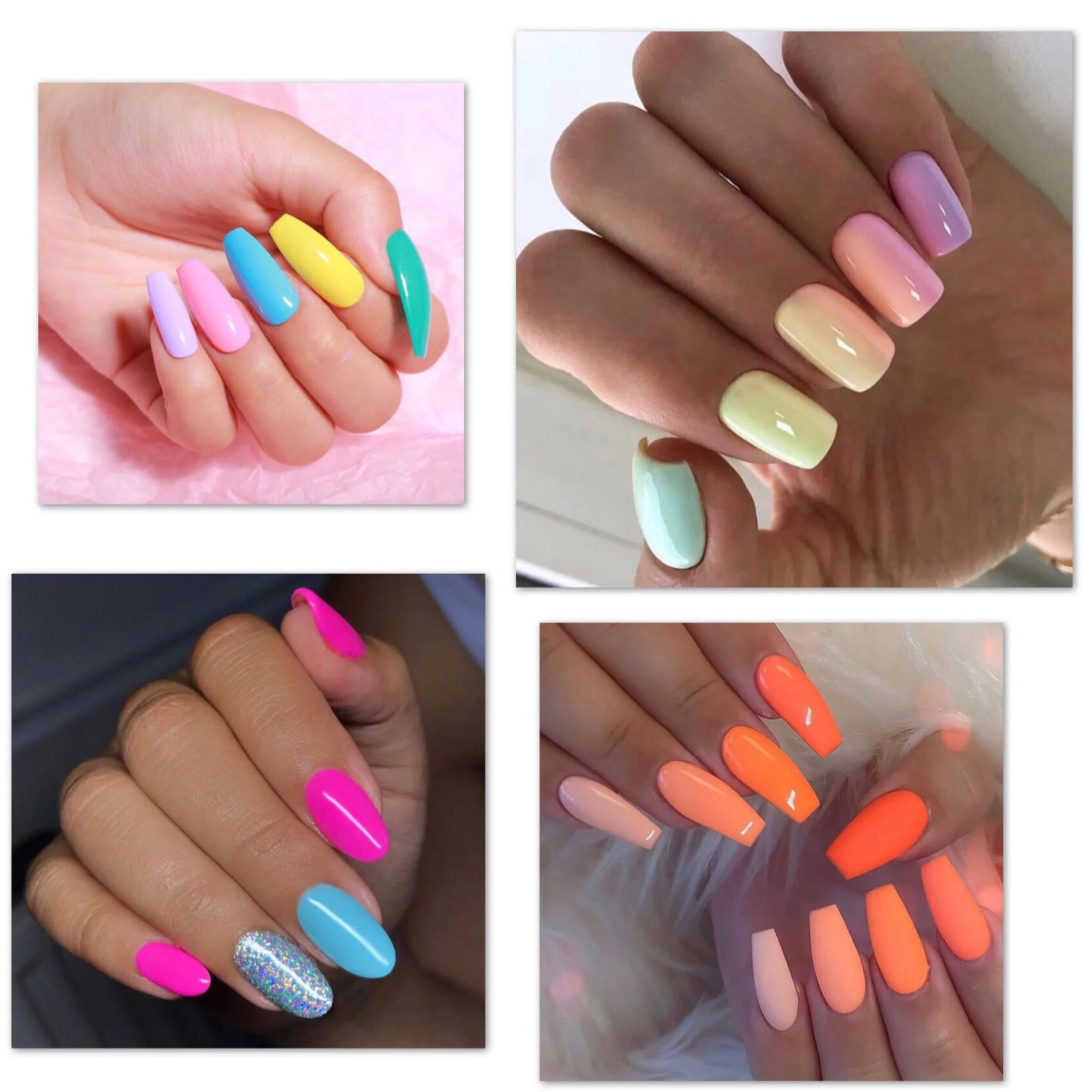 Mẫu nail đẹp nhiều màu pastel và neon với móng dài dáng hạnh nhân