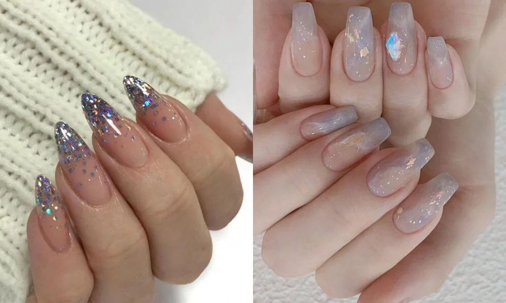 Mẫu nail dáng hạnh nhân tông hồng trong kết hợp nhũ bạc xanh lấp lánh