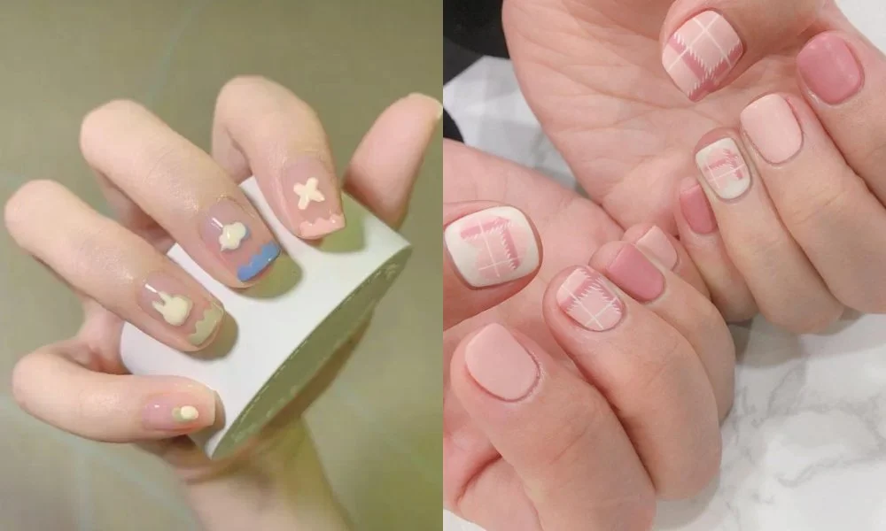 Mẫu nail pastel xanh và hồng với họa tiết hoa, kẻ caro và hình trang trí nhỏ