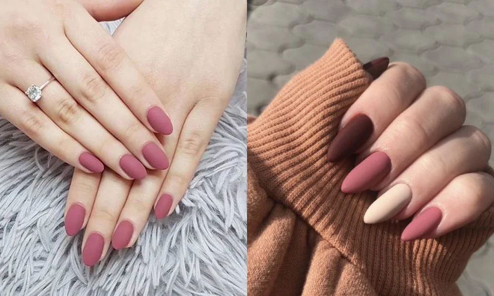 Mẫu nail dáng hạnh nhân màu hồng đất và mauve tối giản