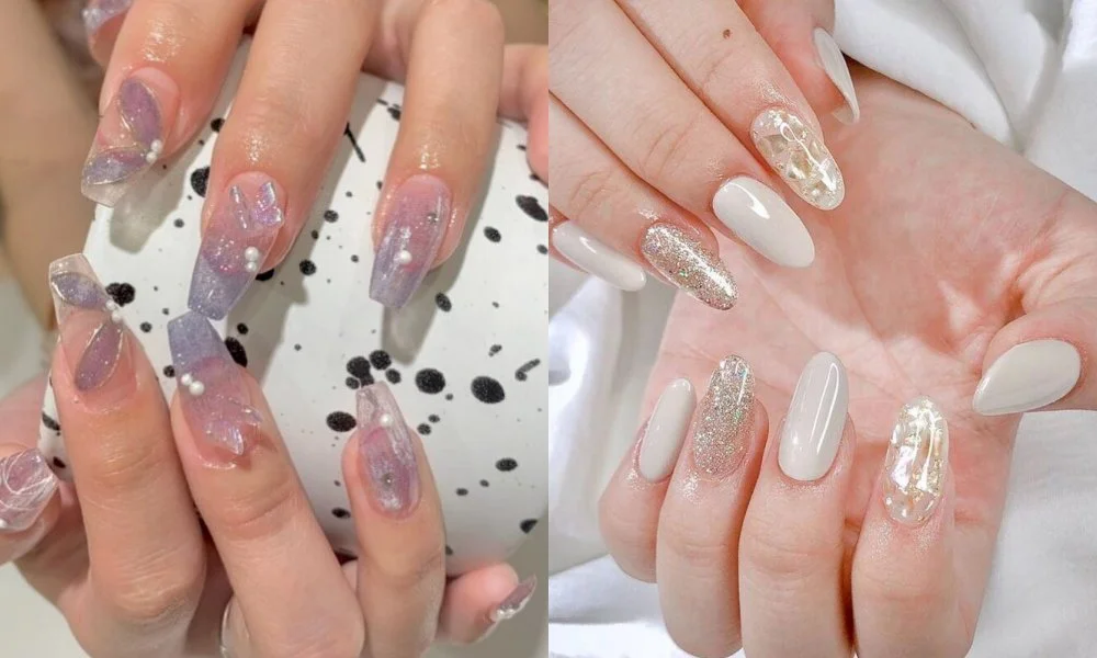 Mẫu nail đẹp tông hồng pastel với họa tiết loang màu, đá lấp lánh và đầu móng trắng