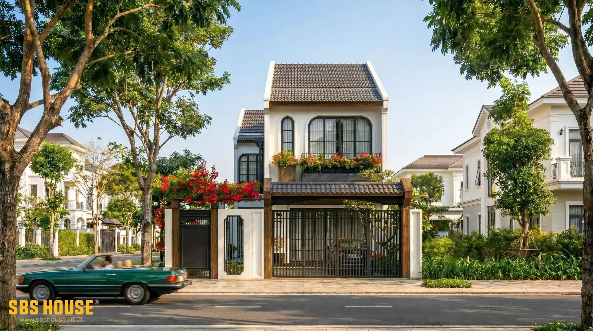 Nhà phố 2 tầng với kiến trúc hiện đại với mái ngói truyền thống