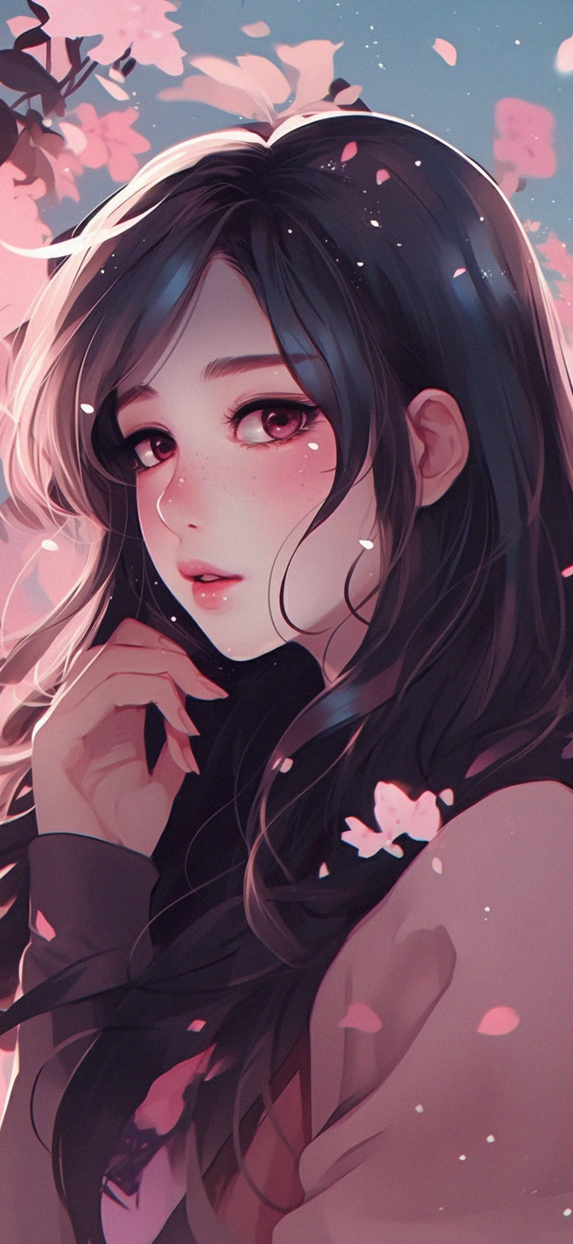 Hình nền cute nữ anime tóc đen giữa cánh hoa hồng