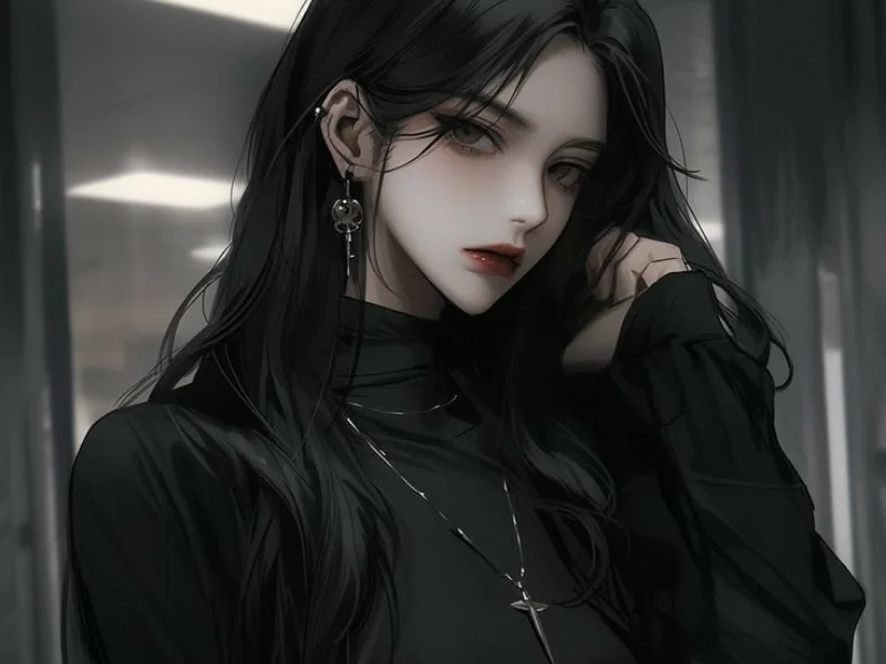 Hình nền cute nữ anime tóc đen mặc trang phục tối màu